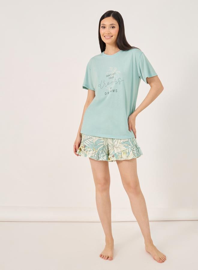 Styli Dreams Slogan T-Shirt and Floral Ruffled Hem Shorts Set  - Image 1