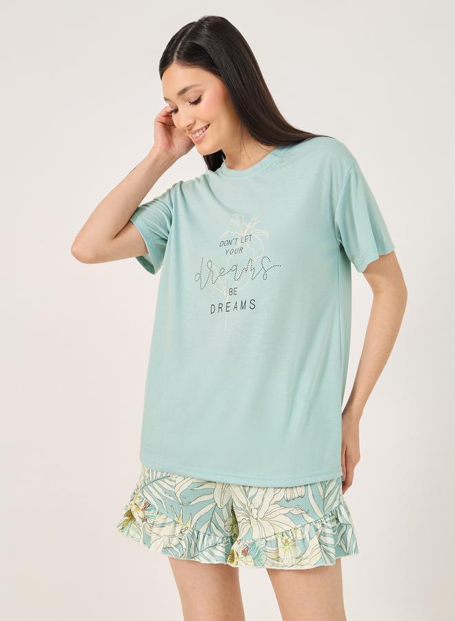 Styli Dreams Slogan T-Shirt and Floral Ruffled Hem Shorts Set  - Image 3