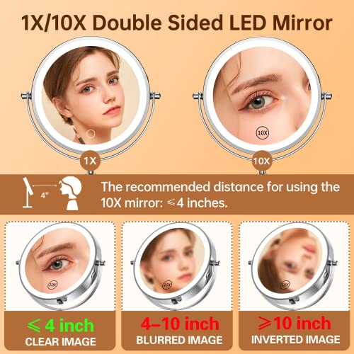 Gospire 7" Lighted Makeup Mirror with Magnification 10X/1X, Height Adjustable & 3 Color Dimmable Lights, 360° Swivel Double Sided Light up Rechargeable LED Cosmetic Vanity Cordless Standing Mirror - Image 4