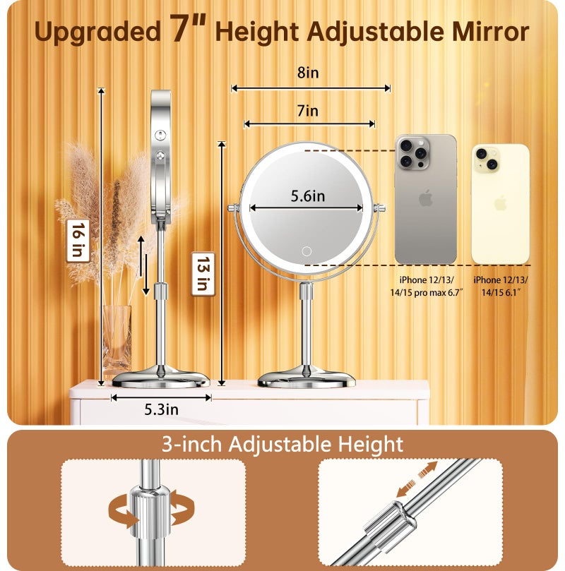 Gospire 7" Lighted Makeup Mirror with Magnification 10X/1X, Height Adjustable & 3 Color Dimmable Lights, 360° Swivel Double Sided Light up Rechargeable LED Cosmetic Vanity Cordless Standing Mirror - Image 2