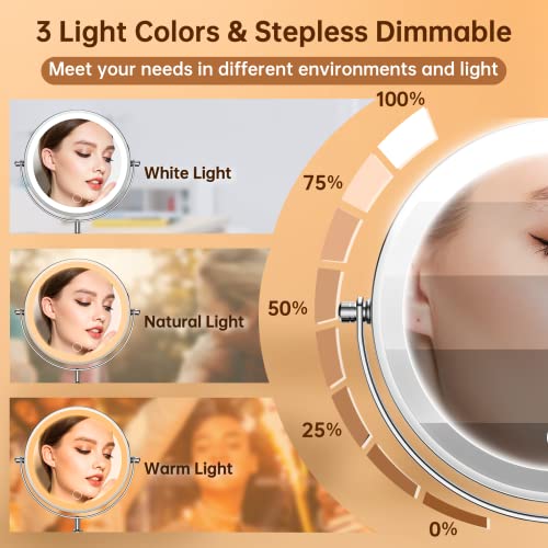 Gospire 7" Lighted Makeup Mirror with Magnification 10X/1X, Height Adjustable & 3 Color Dimmable Lights, 360° Swivel Double Sided Light up Rechargeable LED Cosmetic Vanity Cordless Standing Mirror - Image 3
