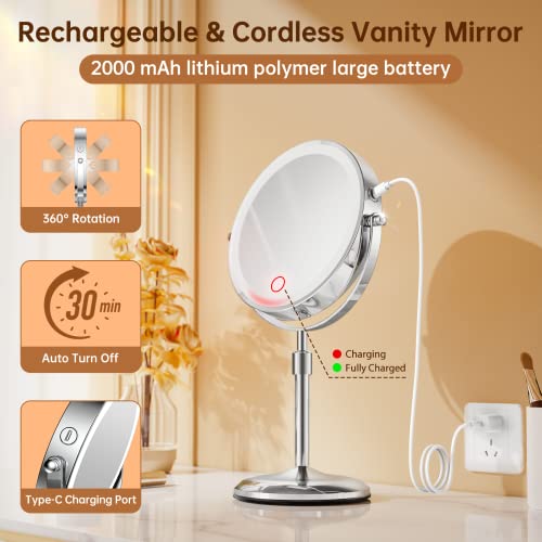 Gospire 7" Lighted Makeup Mirror with Magnification 10X/1X, Height Adjustable & 3 Color Dimmable Lights, 360° Swivel Double Sided Light up Rechargeable LED Cosmetic Vanity Cordless Standing Mirror - Image 5