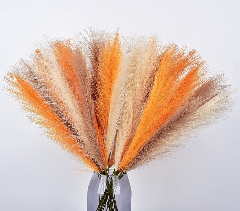 LSKYTOP Orange Pampas Grass Decor,23Inch 12pcs Faux Pampas Grass Bouquets Artificial Pampas Fake Pampas Flower for Home Living Room Bedroom Vase Decor - Image 1