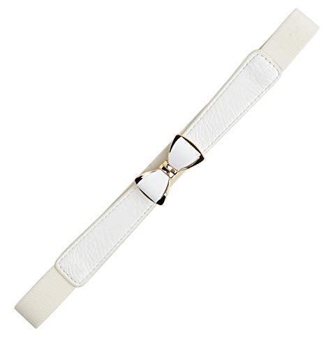 Syuer Women's 1" Width Bow Skinny Elastic Waist Belt - Stretchy Thin Belt (S-M (26"-32"), Off-White) - Image 3