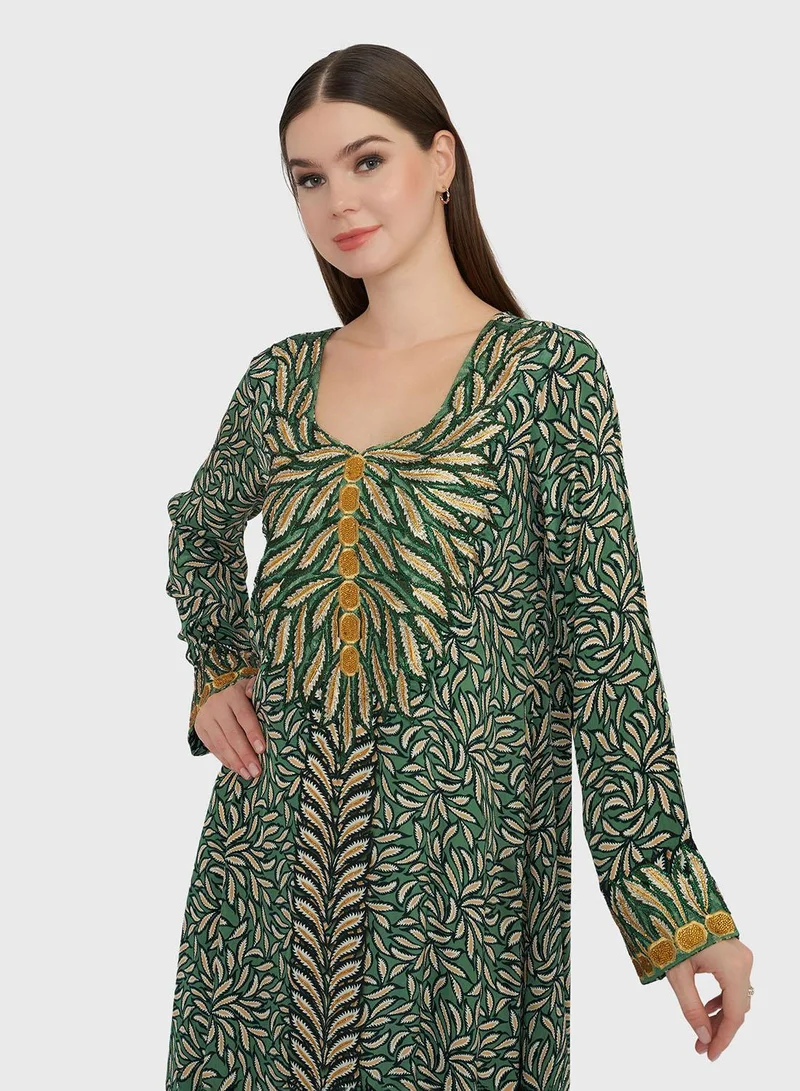 KASHKHA Emerald Garden Print Jalabiya with Stonework (VG2896)