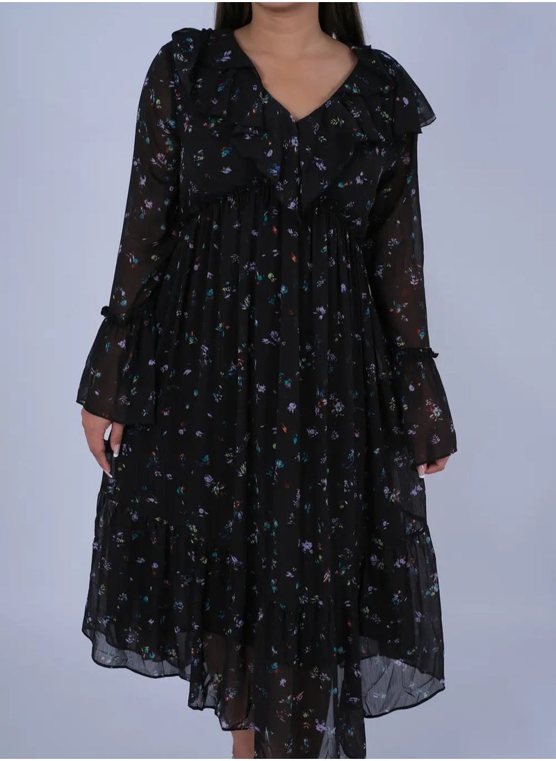 ONLY - Women’s Floral Ruffle Neck Dress in Yang AOP - Image 1