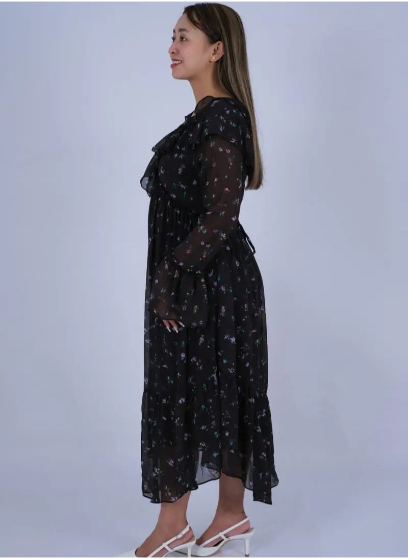 ONLY - Women’s Floral Ruffle Neck Dress in Yang AOP - Image 1