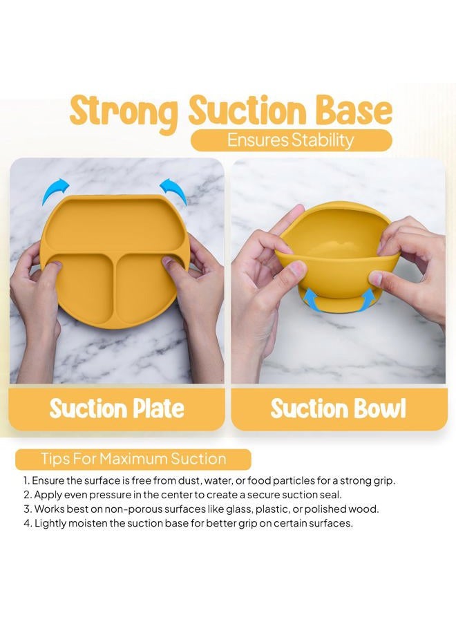 O'doe 17-Piece BPA-Free Silicone Baby Feeding Set | Thick & Soft Suction Plates, Baby Bowls, Wooden Fork & Spoon, and More | Make Mealtime Fun and Easy for Your Little One (Yellow, V2) - Image 3