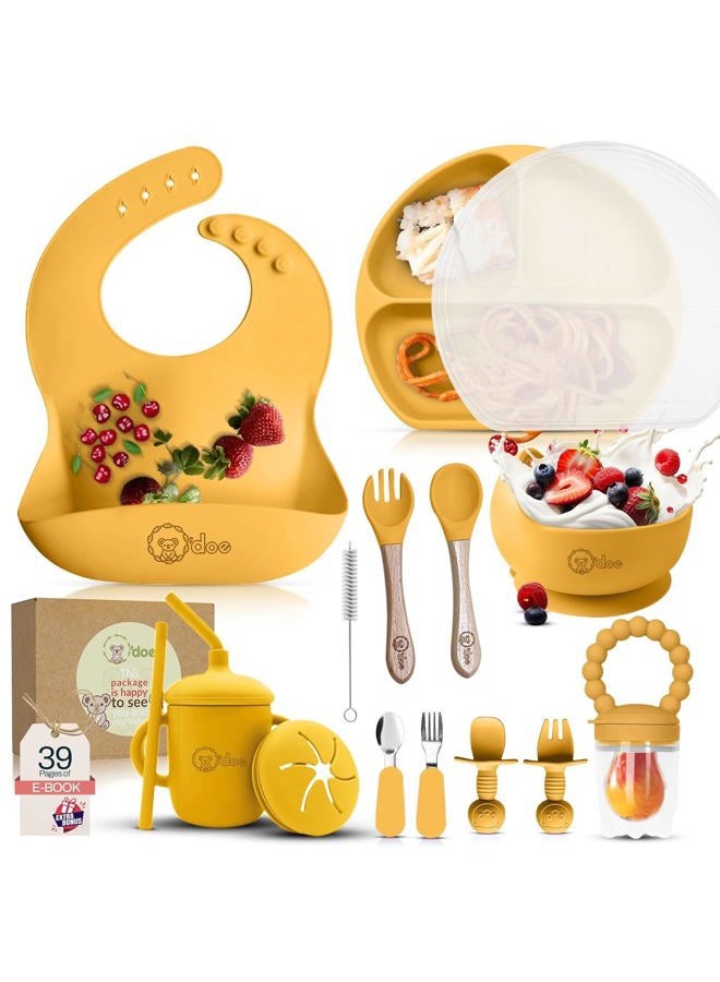 O'doe 17-Piece BPA-Free Silicone Baby Feeding Set | Thick & Soft Suction Plates, Baby Bowls, Wooden Fork & Spoon, and More | Make Mealtime Fun and Easy for Your Little One (Yellow, V2) - Image 1