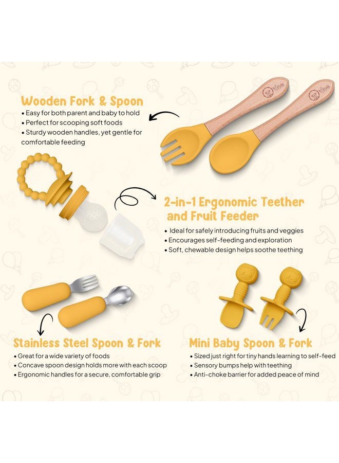 O'doe 17-Piece BPA-Free Silicone Baby Feeding Set | Thick & Soft Suction Plates, Baby Bowls, Wooden Fork & Spoon, and More | Make Mealtime Fun and Easy for Your Little One (Yellow, V2) - Image 4