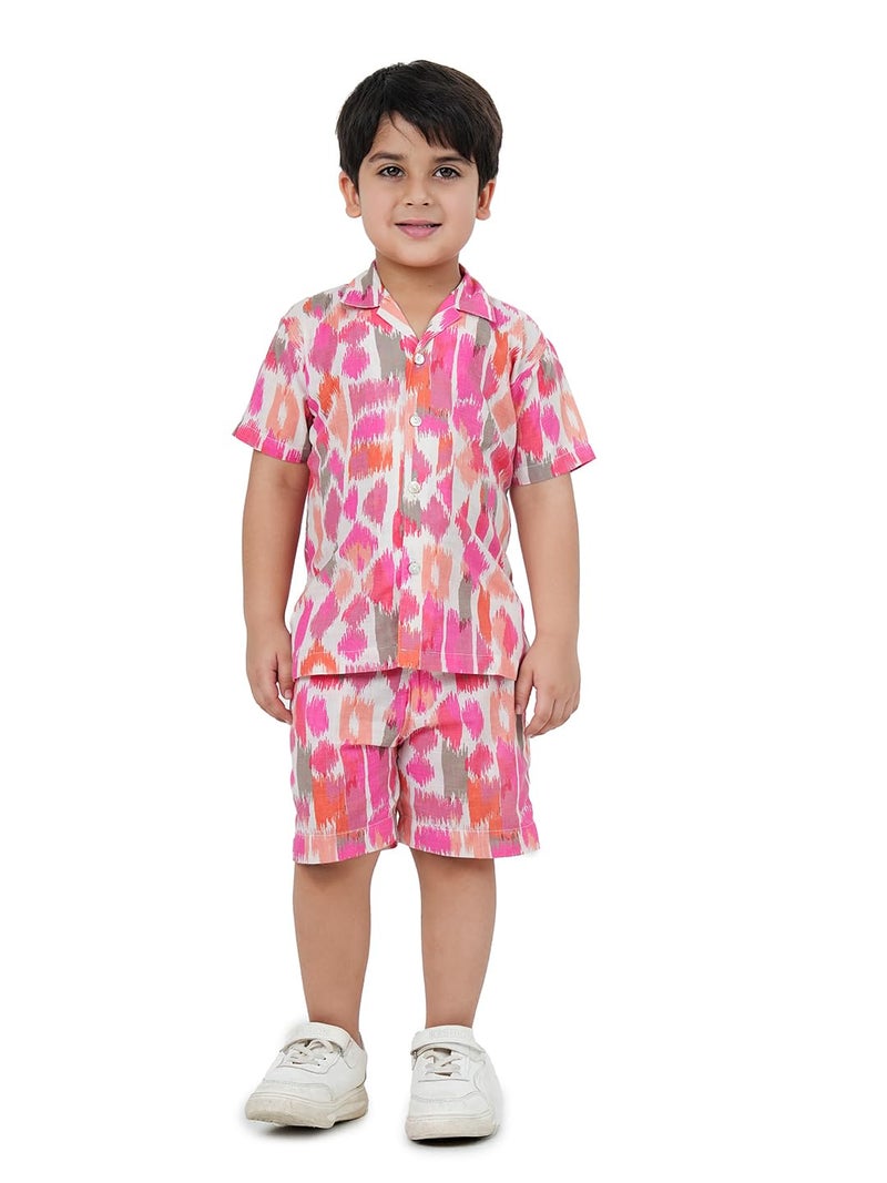 AJ DEZINES Kids Cotton Half Sleeve Pink Shirt and Shorts Cord Set for Boys - Casual Outfit | Vacation & Beach Wear |Abstract Printed Design for boys - Regular Fit (CO-1015-PINK-1) - Image 1