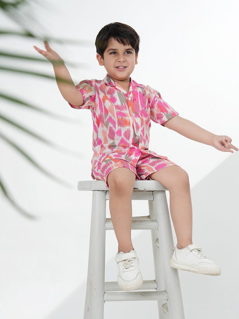 AJ DEZINES Kids Cotton Half Sleeve Pink Shirt and Shorts Cord Set for Boys - Casual Outfit | Vacation & Beach Wear |Abstract Printed Design for boys - Regular Fit (CO-1015-PINK-1) - Image 5