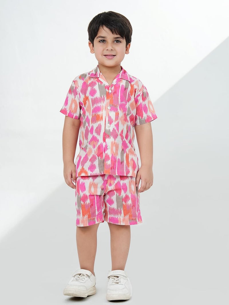 AJ DEZINES Kids Cotton Half Sleeve Pink Shirt and Shorts Cord Set for Boys - Casual Outfit | Vacation & Beach Wear |Abstract Printed Design for boys - Regular Fit (CO-1015-PINK-1) - Image 2