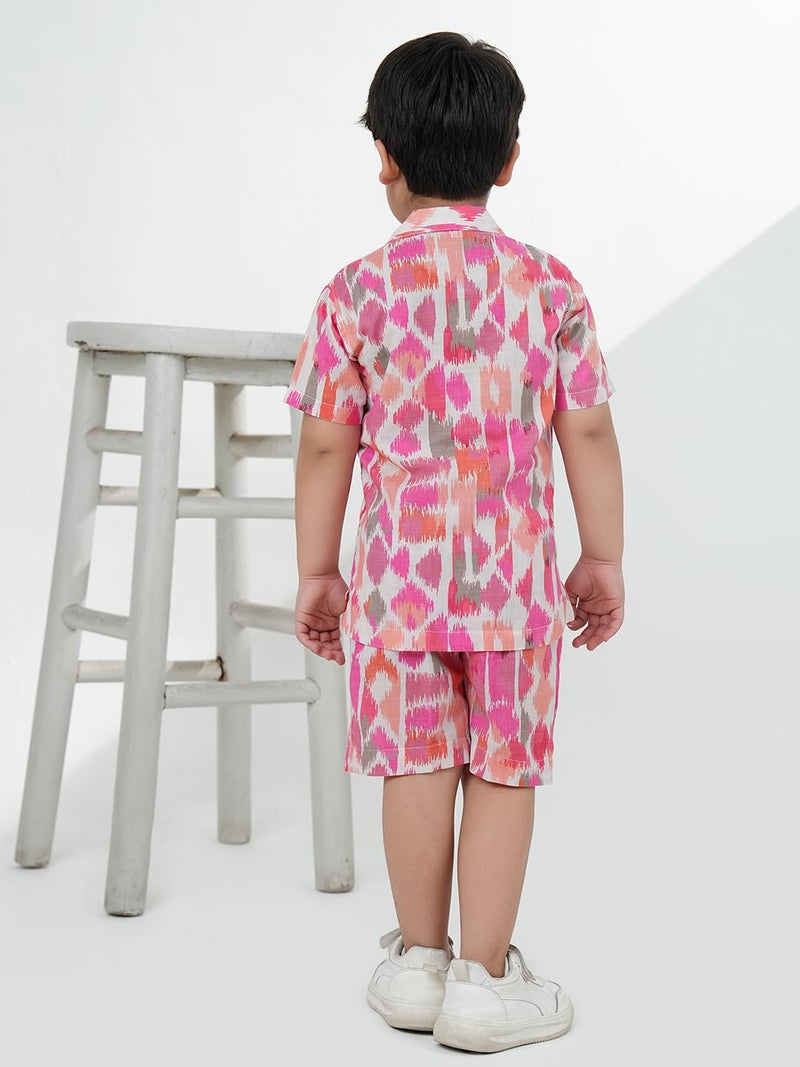 AJ DEZINES Kids Cotton Half Sleeve Pink Shirt and Shorts Cord Set for Boys - Casual Outfit | Vacation & Beach Wear |Abstract Printed Design for boys - Regular Fit (CO-1015-PINK-1) - Image 3