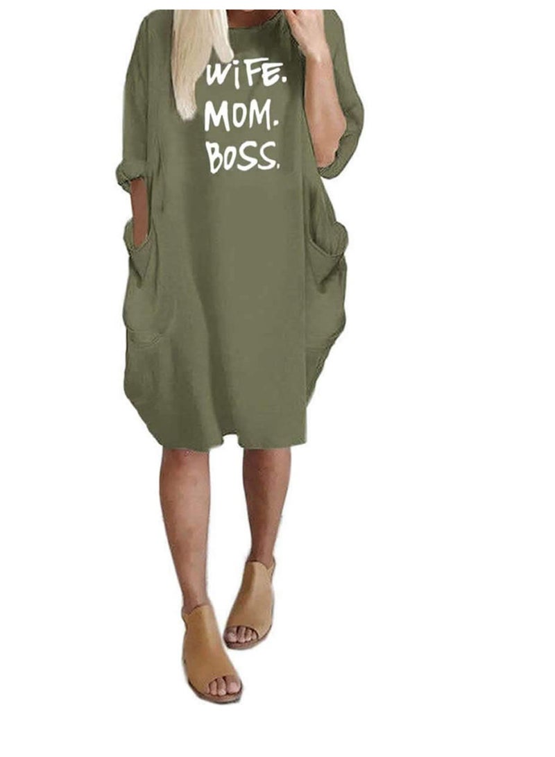 SYOSI Tshirt Dress, Nightdress, Wife Mom Boss Letters Print Cotton Long Sleeve T-Shirt Dresses Pockets Women's Nightdress for Summer (L) - Image 2