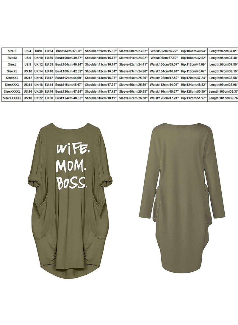 SYOSI Tshirt Dress, Nightdress, Wife Mom Boss Letters Print Cotton Long Sleeve T-Shirt Dresses Pockets Women's Nightdress for Summer (L) - Image 4