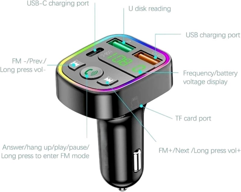 Bluetooth FM Transmitter Car Charger 18W Wireless Radio Adapter with Hands Free Calling Dual USB Port and Type C MP3 Player with Micro SD Card Support M103 - Image 3