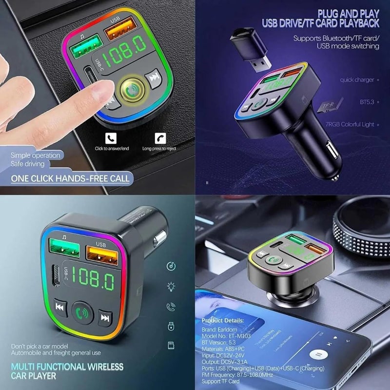 Bluetooth FM Transmitter Car Charger 18W Wireless Radio Adapter with Hands Free Calling Dual USB Port and Type C MP3 Player with Micro SD Card Support M103 - Image 4