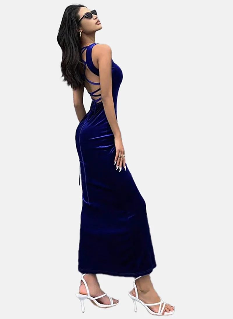 يونيكي Blue Solid Sleeveless Square Neck Maxi A-Line Dress
