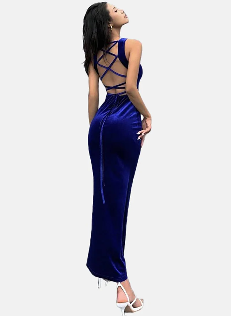 يونيكي Blue Solid Sleeveless Square Neck Maxi A-Line Dress