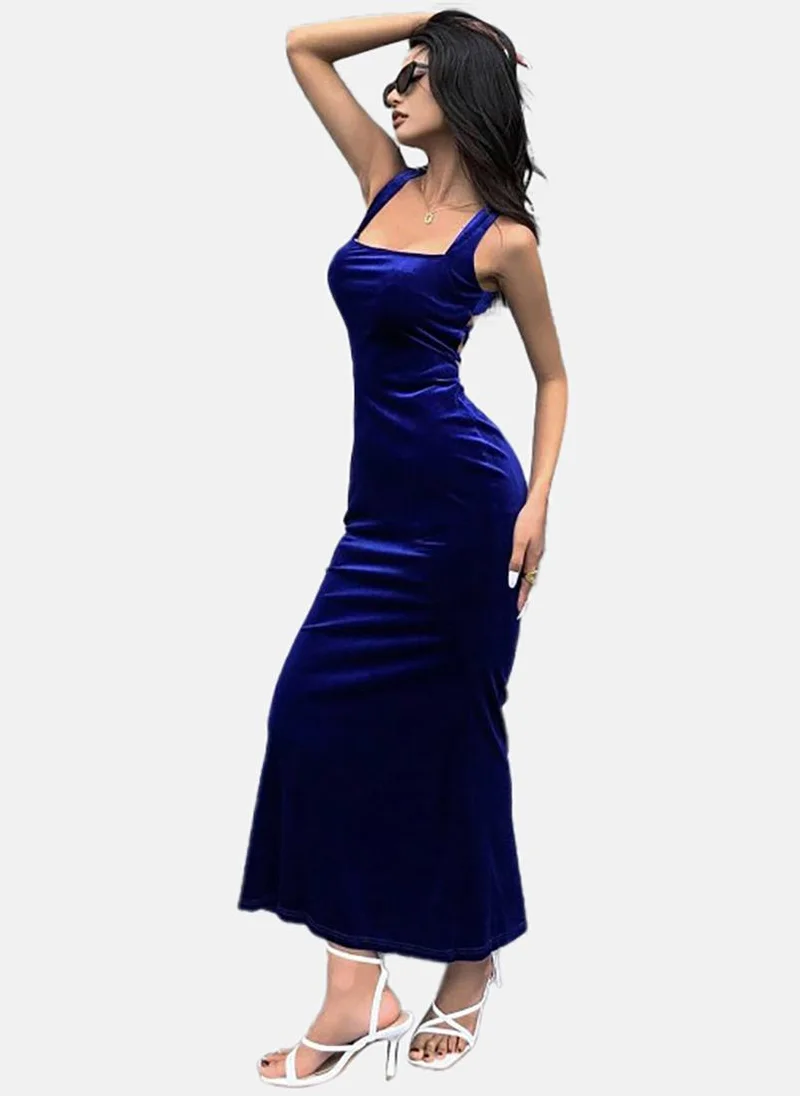 يونيكي Blue Solid Sleeveless Square Neck Maxi A-Line Dress
