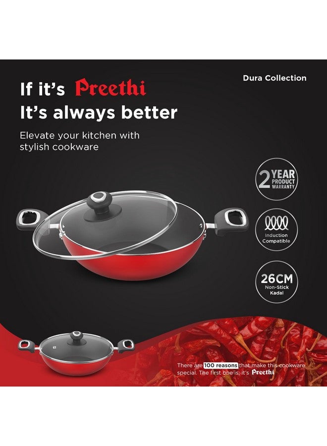 Preethi Dura Collection Non Stick Kadai, 26 cm, with Glass Lid, Gas & Induction Compatible, 5 Star Non Stick Effect, Chilly Red - Image 2