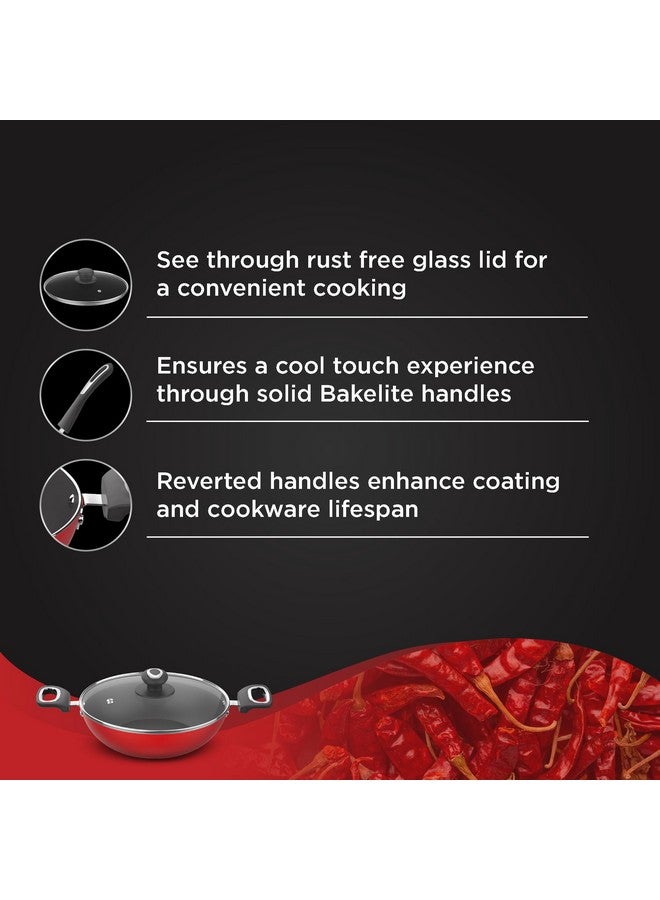 Preethi Dura Collection Non Stick Kadai, 26 cm, with Glass Lid, Gas & Induction Compatible, 5 Star Non Stick Effect, Chilly Red - Image 4