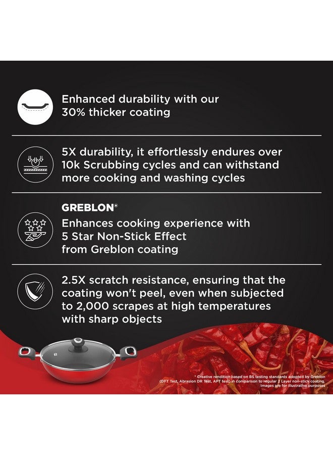 Preethi Dura Collection Non Stick Kadai, 26 cm, with Glass Lid, Gas & Induction Compatible, 5 Star Non Stick Effect, Chilly Red - Image 3