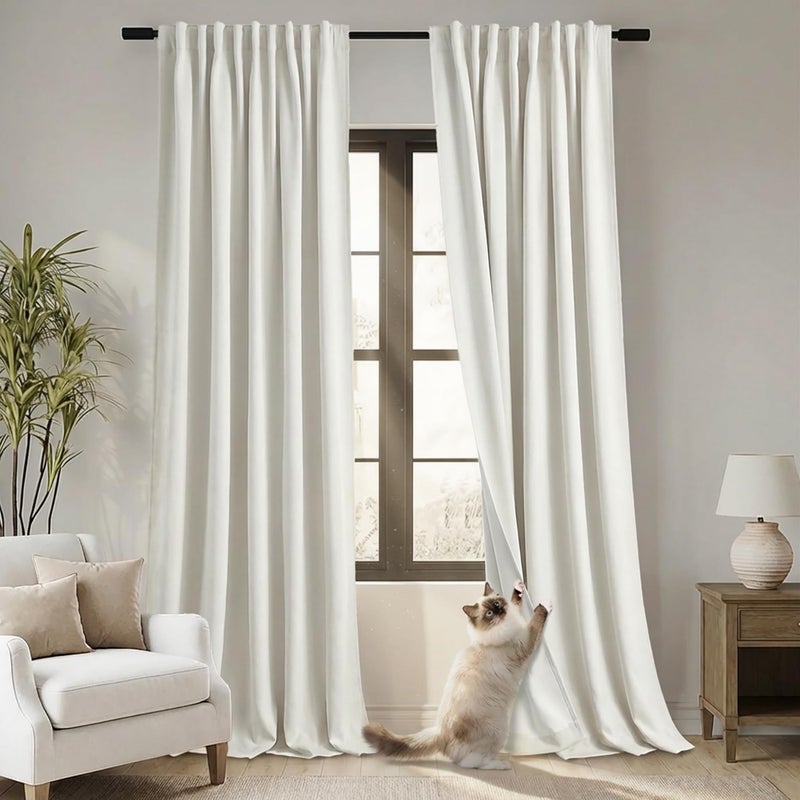 PANELSBURG Cream Blackout Cat Proof Curtains for Bedroom, Thermal Curtain for Winter Insulated, Back Tab Pleated Polished Faux Linen Black Out Drapes 84 Inches Long 2 Panels Set for Living Room, Natural Ivory - Image 1