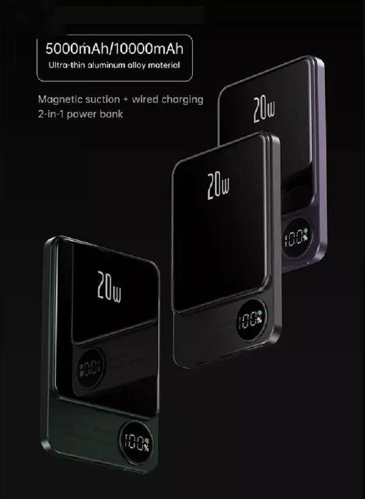 دولتري أحدث شاحن محمول 20 وات 5000 مللي أمبير في الساعة، بنك طاقة صغير، سبيكة ألومنيوم مغناطيسية لاسلكية سريعة الشحن مع شاشة LED Q9 (أرجواني) - Image 3