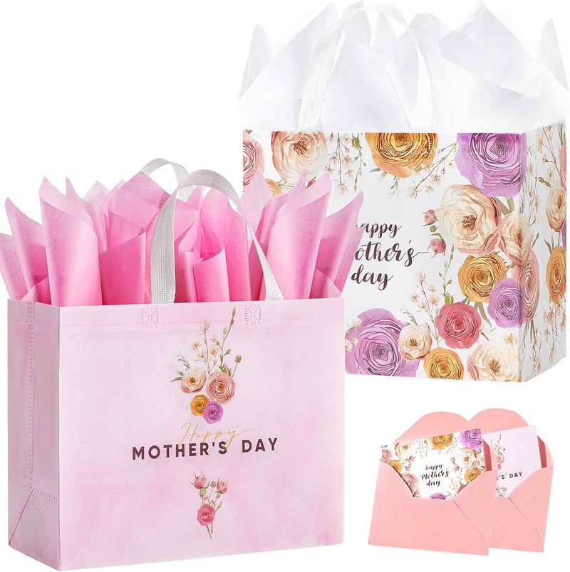 STYPOP 2 Pack Large Mother's Day Gift Bags with Tissue Paper - Reusable Non-Woven Pink Bags - Image 1