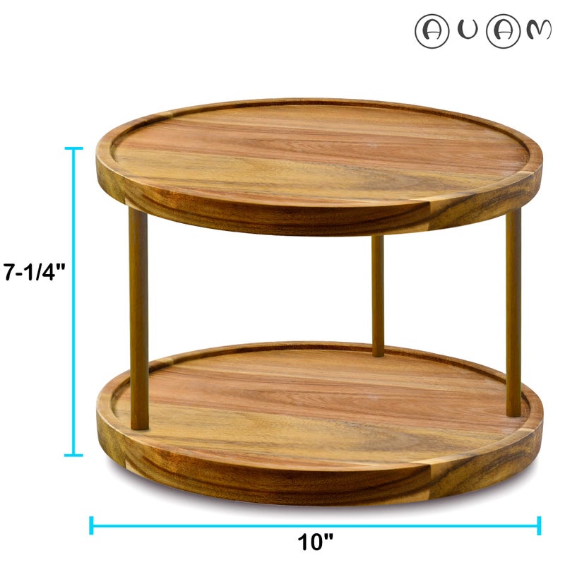 AUAM 10" Two-Tier Acacia Wood Lazy Susan Organizer Kitchen Turntable for Cabinet Pantry Table Organization - Image 3