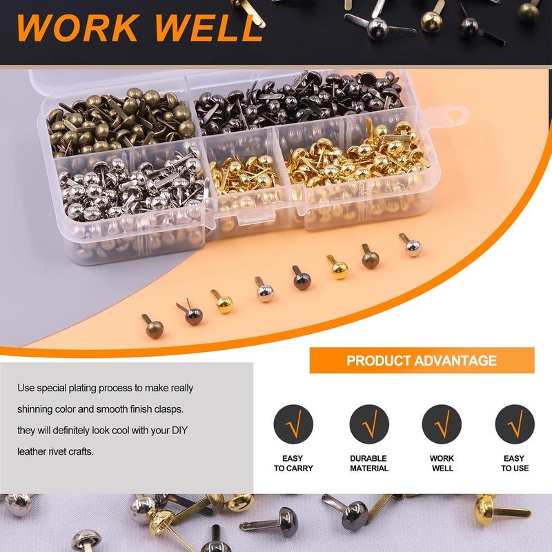 Rustark 600PCS 4 Colors Paper Fasteners Round Brass Brads Fasteners Assortment Kit 6x12mm Mushroom Head Paper Fasteners Brass Metal Brads Scrapbooking Decorative Paper Crafts School DIY Project - Image 5