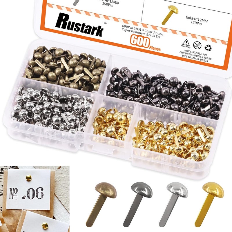 Rustark 600PCS 4 Colors Paper Fasteners Round Brass Brads Fasteners Assortment Kit 6x12mm Mushroom Head Paper Fasteners Brass Metal Brads Scrapbooking Decorative Paper Crafts School DIY Project - Image 1