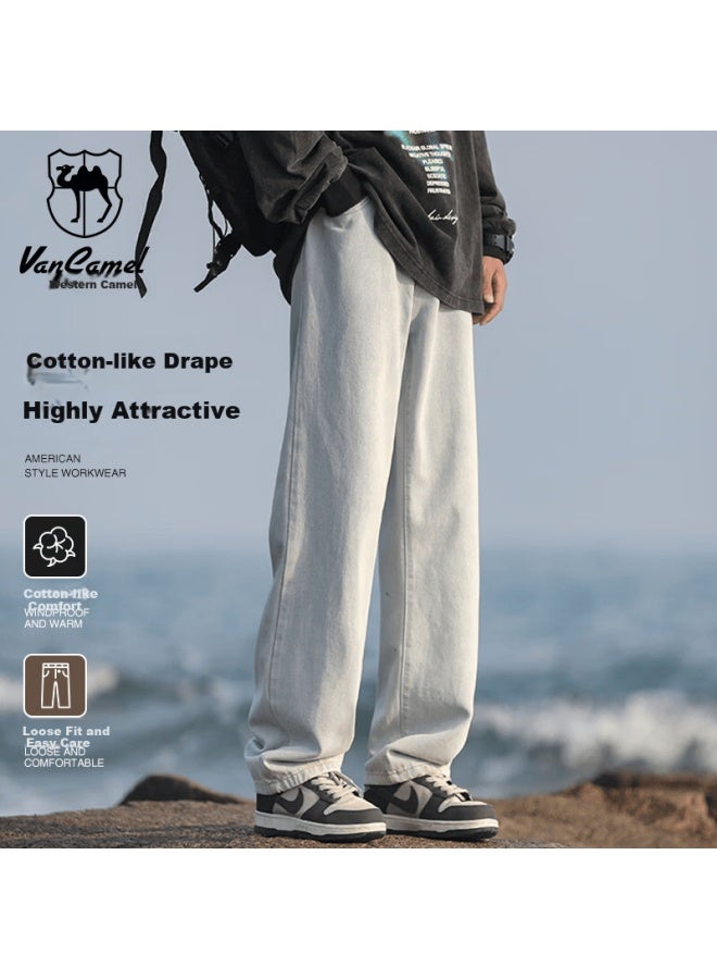 Vancamel Men's Jeans Comfortable Loose Straight Fit Trendy Korean Casual Fashion Light Blue M - Image 1