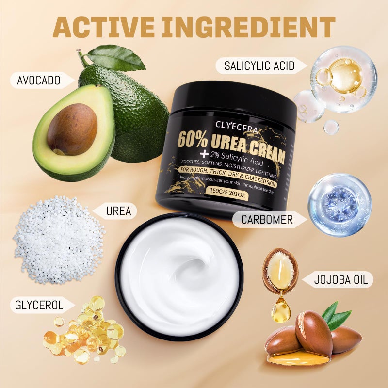 Clyecfra 60% Urea Cream with 2% Salicylic Acid, Urea Cream 60 Percent for Feet & Hands- Maximum Strength Moisturizer for Rough, Dry, Thick & Cracked Skin, Callus Remover, Deep Hydration, 150g - Image 2