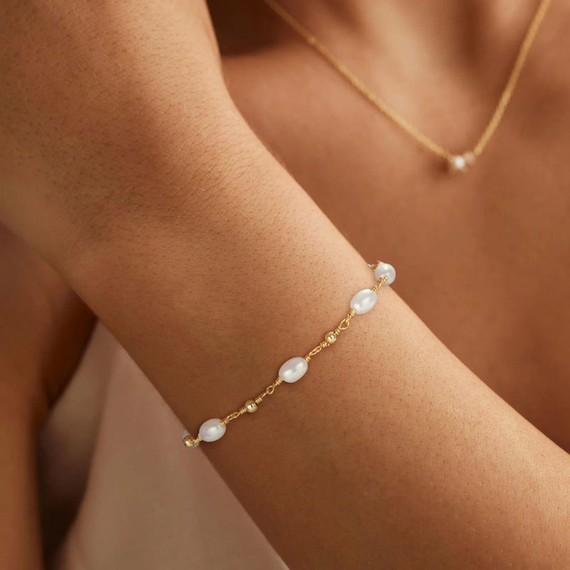 SLOONG Gold Bracelets for Women Trendy, 14K Real Gold Plated Dainty Stackable Pearl Pendant Bracelets, Waterproof Jewelry Christmas Gift for Women Adjustable 6"+2" - Image 3