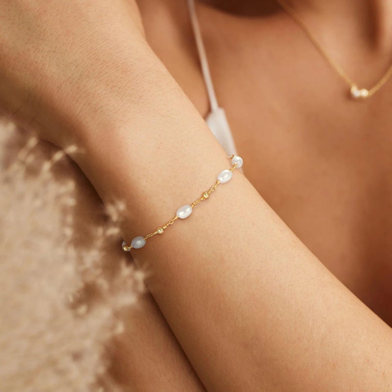 SLOONG Gold Bracelets for Women Trendy, 14K Real Gold Plated Dainty Stackable Pearl Pendant Bracelets, Waterproof Jewelry Christmas Gift for Women Adjustable 6"+2" - Image 4