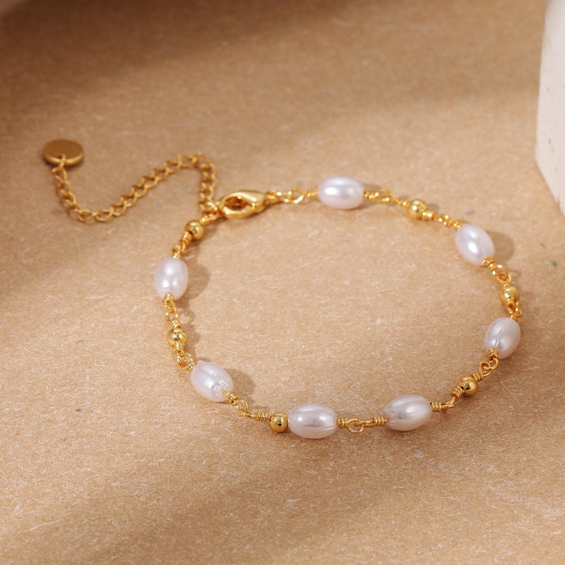 SLOONG Gold Bracelets for Women Trendy, 14K Real Gold Plated Dainty Stackable Pearl Pendant Bracelets, Waterproof Jewelry Christmas Gift for Women Adjustable 6"+2" - Image 5
