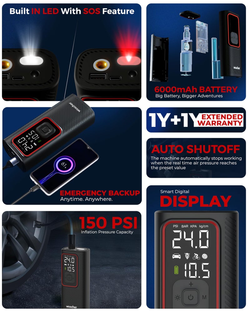 Woscher Boost Pro 2-in-1 Tyre Inflator for Car and Bike, Air Pump for Car Tyre, 150 PSI Wired & Wireless (6000mAh Battery or 12V DC Socket) | Car Inflator | Tyre Inflator Kit - Image 2
