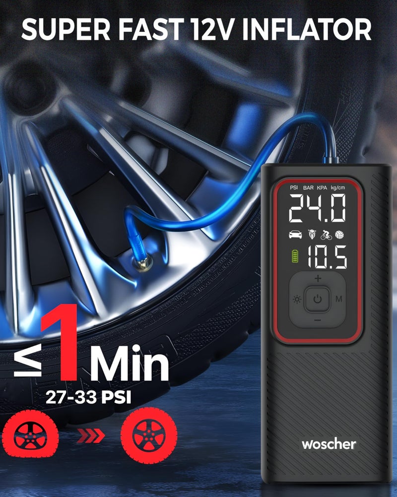 Woscher Boost Pro 2-in-1 Tyre Inflator for Car and Bike, Air Pump for Car Tyre, 150 PSI Wired & Wireless (6000mAh Battery or 12V DC Socket) | Car Inflator | Tyre Inflator Kit - Image 4