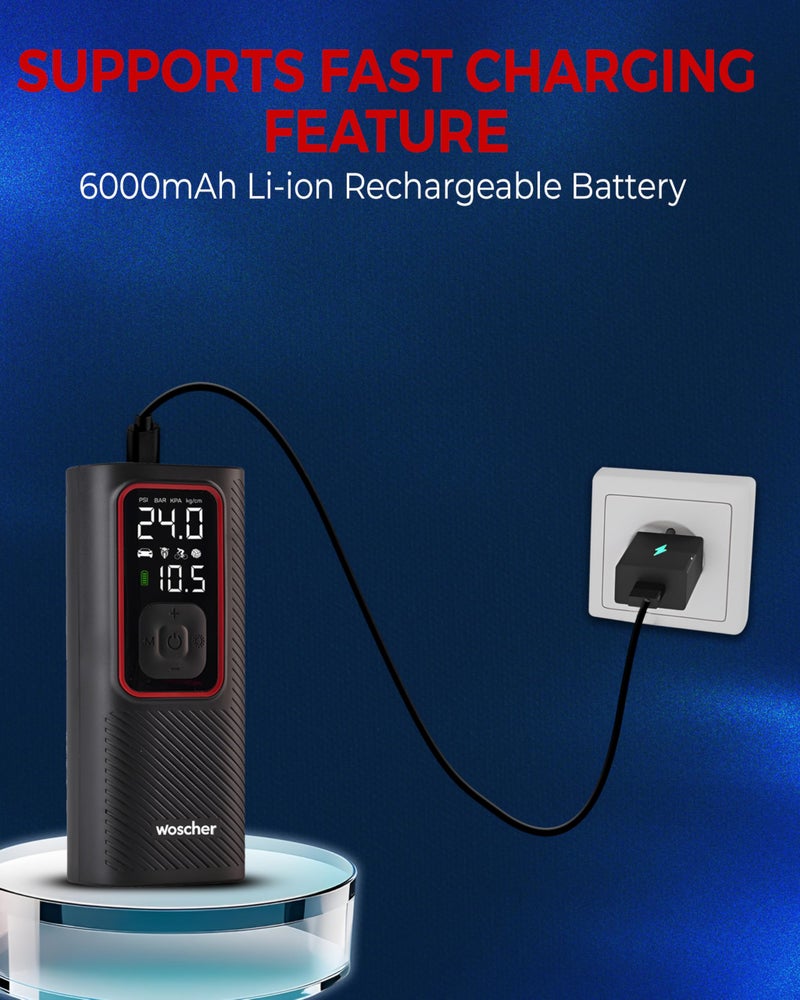Woscher Boost Pro 2-in-1 Tyre Inflator for Car and Bike, Air Pump for Car Tyre, 150 PSI Wired & Wireless (6000mAh Battery or 12V DC Socket) | Car Inflator | Tyre Inflator Kit - Image 5