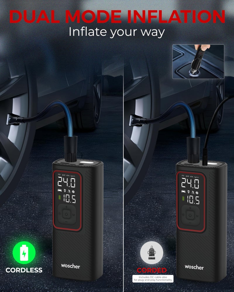 Woscher Boost Pro 2-in-1 Tyre Inflator for Car and Bike, Air Pump for Car Tyre, 150 PSI Wired & Wireless (6000mAh Battery or 12V DC Socket) | Car Inflator | Tyre Inflator Kit - Image 3