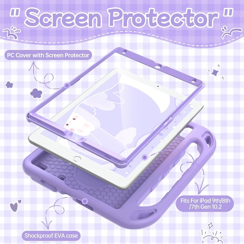 BMOUO Kids Case for iPad 9th/8th/7th Generation, with Built-in Screen Protector, Shockproof Handle Stand Kids iPad 10.2" Case 2021/2020/2019, Light Purple - Image 3