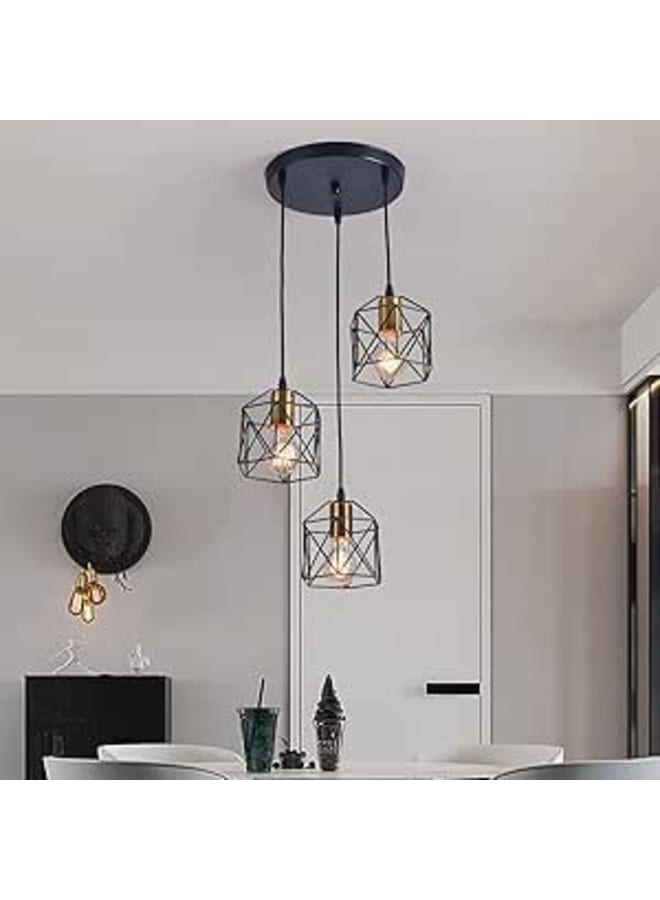 El Rawda Lighting Oninio Industrial Pendant Light, 3-Light Vintage Farmhouse Metal Caged Chandeliers, Adjustable Ceiling Black Pendant Light Fixture,Gold Antique Hanging Lighting For Kitchen Island Dining Room Bar