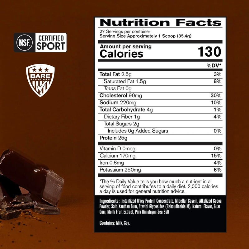 Bare Performance Nutrition بروتين مصل اللبن من باري بيرفورمانس نيوترشن BPN - مزيج مسحوق بروتين الكازين بنكهة الشوكولاتة الفادج 25 جرام بروتين لكل حصة يدعم استعادة العضلات النحيفة 27 حصة مختبرة من طرف ثالث - Image 2