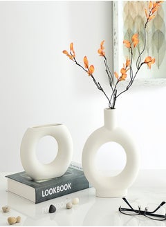 KEVIN Set of 2 Ceramic Hollow Donut Vase Off White Vases for Decor Nordic Minimalism Style Decor for Wedding Dinner Table Party Living Room Office Bedroom Creative Dried Flowers Ornament White Ceramic Vase  - Image 1