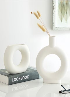 KEVIN Set of 2 Ceramic Hollow Donut Vase Off White Vases for Decor Nordic Minimalism Style Decor for Wedding Dinner Table Party Living Room Office Bedroom Creative Dried Flowers Ornament White Ceramic Vase  - Image 2