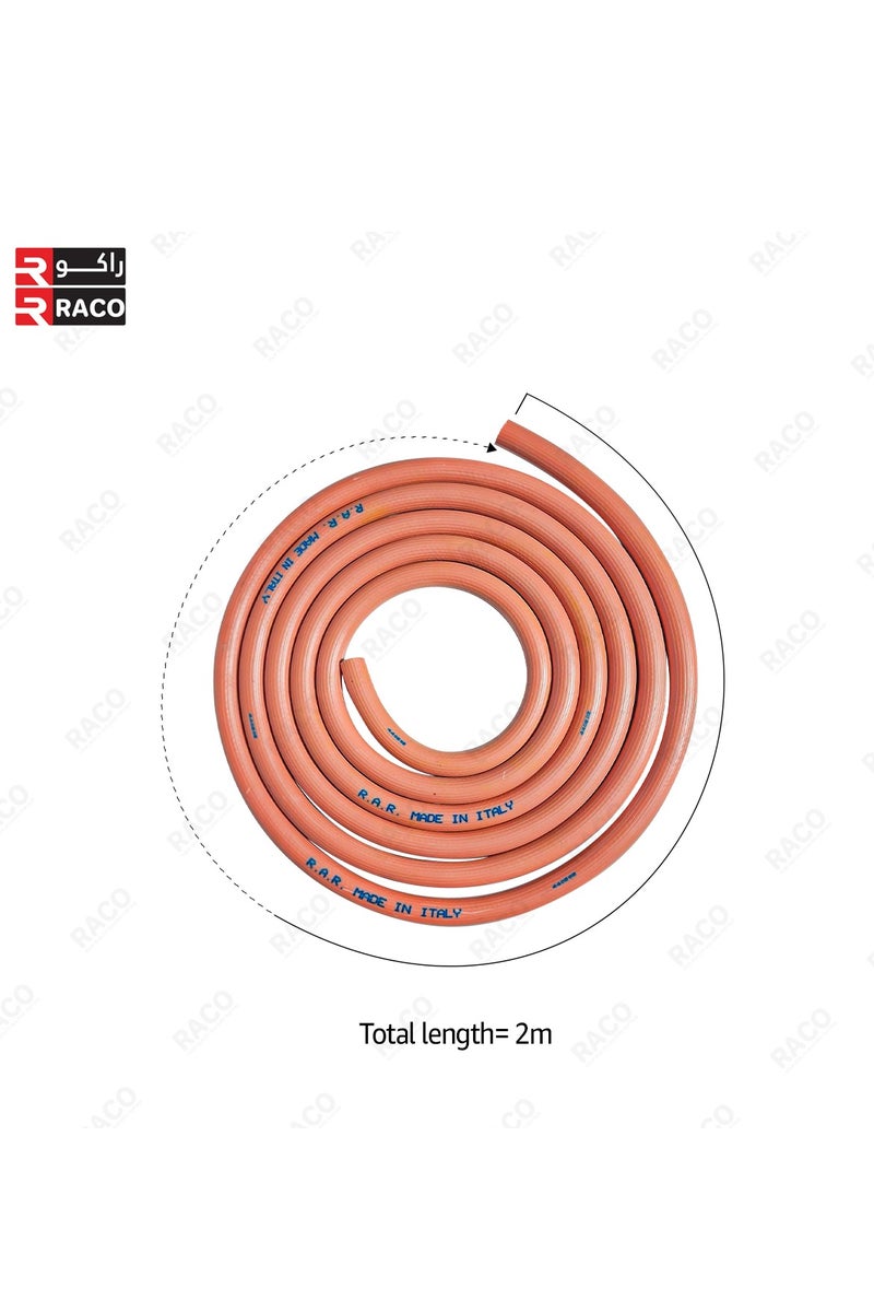 RACO Flexible Low Pressure Rubber Gas Hose with Nylon Reinforcement with 2 Steel Clamps | Leak Proof | Compatible with Gas Stoves & Regulators - Gas Pipe Made in Italy (2 meter) - Image 2
