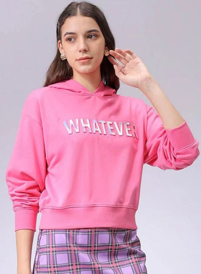 Women Relaxed Fit Typography Printed Hooded Neck Long Sleeve Hooded Sweatshirt